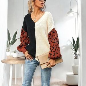 Women’s Knit Sweater‎ Black/Cream Color Block Leopard Print Sleeve Plus